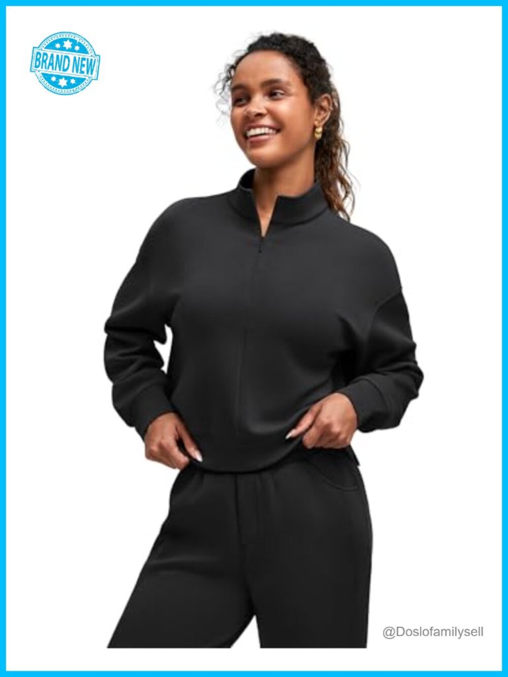 Women's Half Zip Mock Neck Long Sleeve Sweatshirt Side Slits Casual Lounge